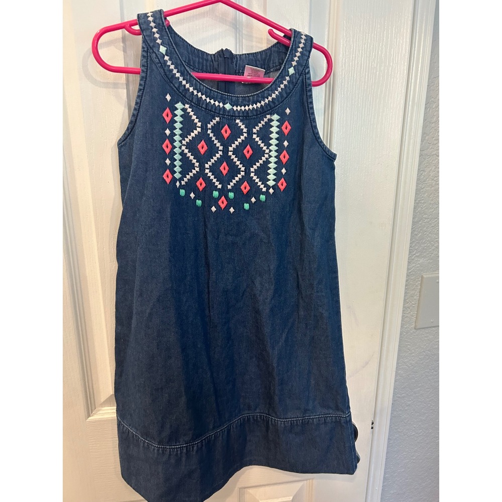 Gymboree‎ Denim Dress Blue Embroidered Geometric Sleeveless Cotton Shift Bin A